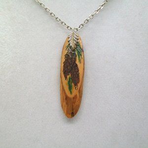 Vintage Hand Painted Pinecones On Natural Wood Pendant Necklace